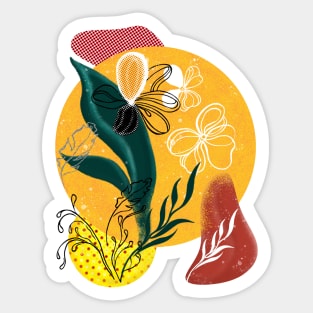 Abstraction. Yellow circle, green leaf. Sticker